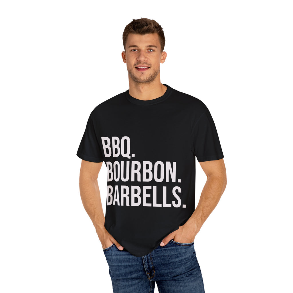 BBQ Bourbon Barbells T-Shirt – Heavyweight Graphic Tee for Men & Women | Bold Comfort Fit Shirt for Strong Lifestyle