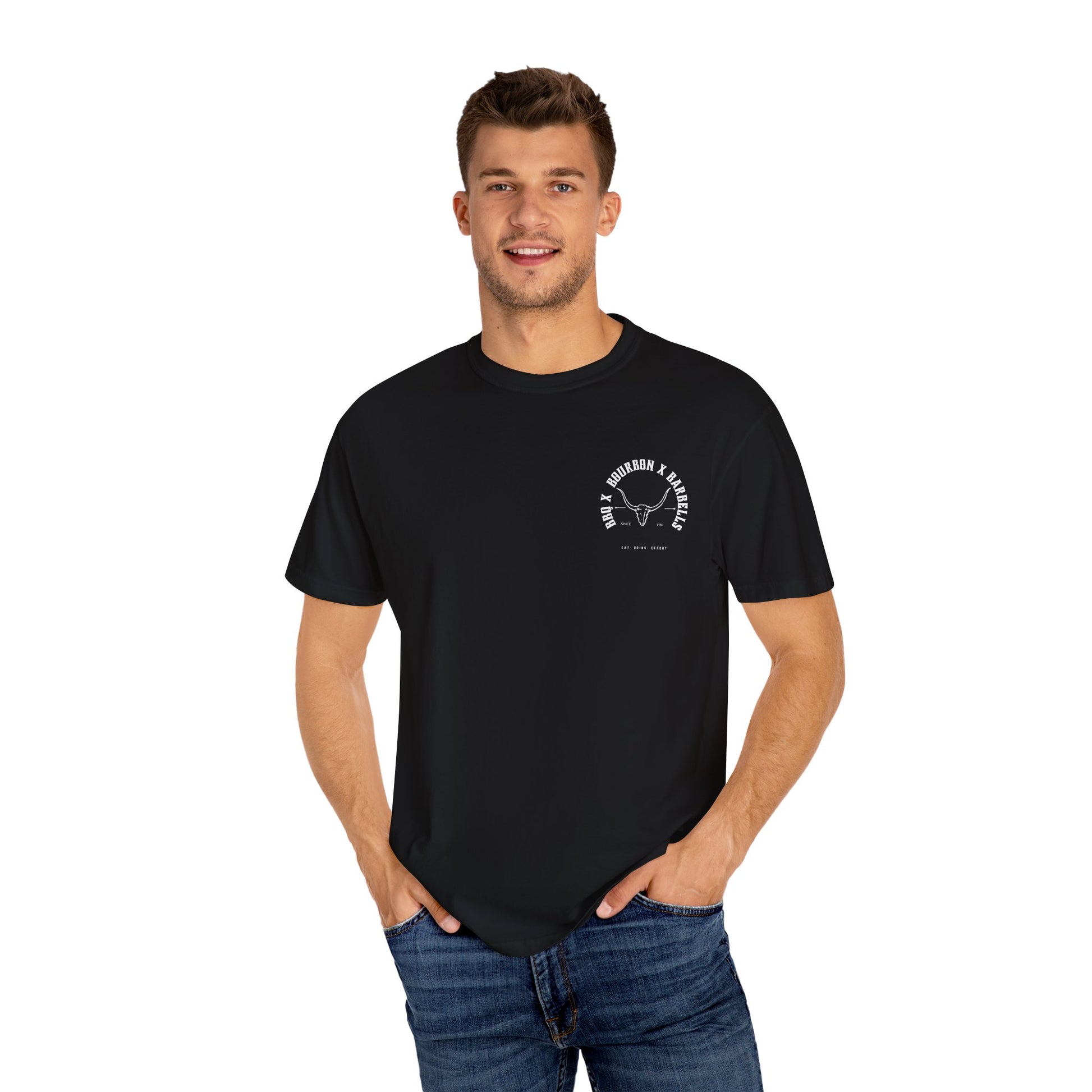BBQ BOURBON BARBELLS Logo Tshirt Rugged Men's Graphic Tee, Gym, & Lifestyle Wear